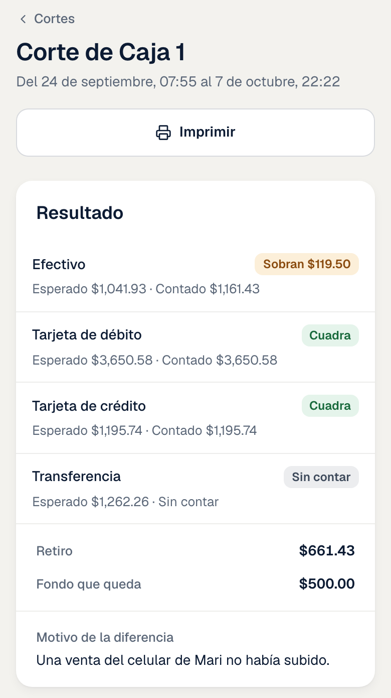 Un corte de caja en un celular. Sobran $119.50 en efectivo y las tarjetas cuadran.