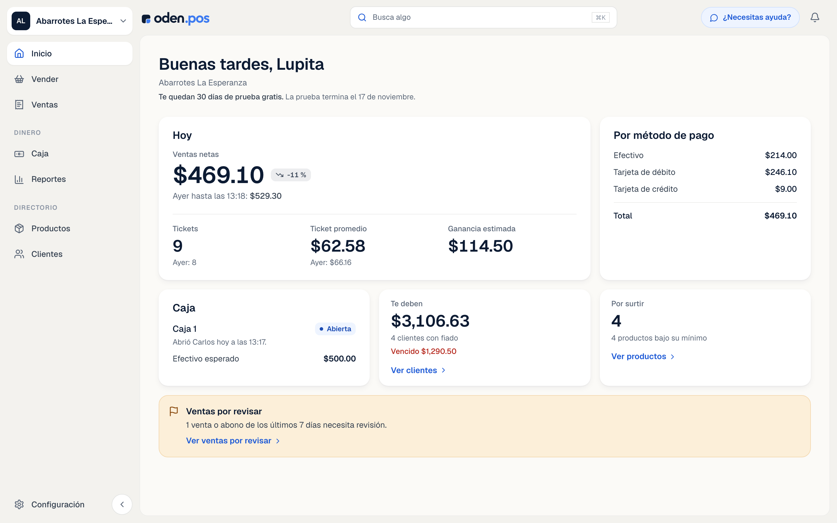 Inicio de Oden POS con las ventas del día, los métodos de pago y lo que te deben.